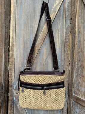 Brighton Woven Straw & Faux Crocodile Leather Crossbody Bag Purse
